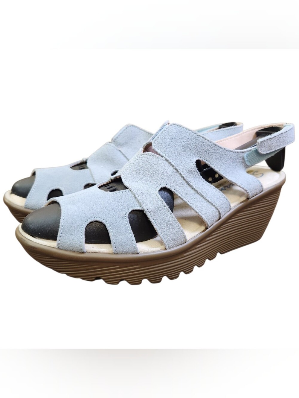 Skechers Parallel Stylin Suede Wedge Peep Toe Casual Comfort Sandals Blue 8.5